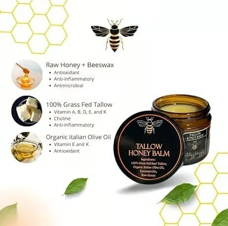 Handmade Organic Grass-Fed Beef Tallow Balm with Raw Honey